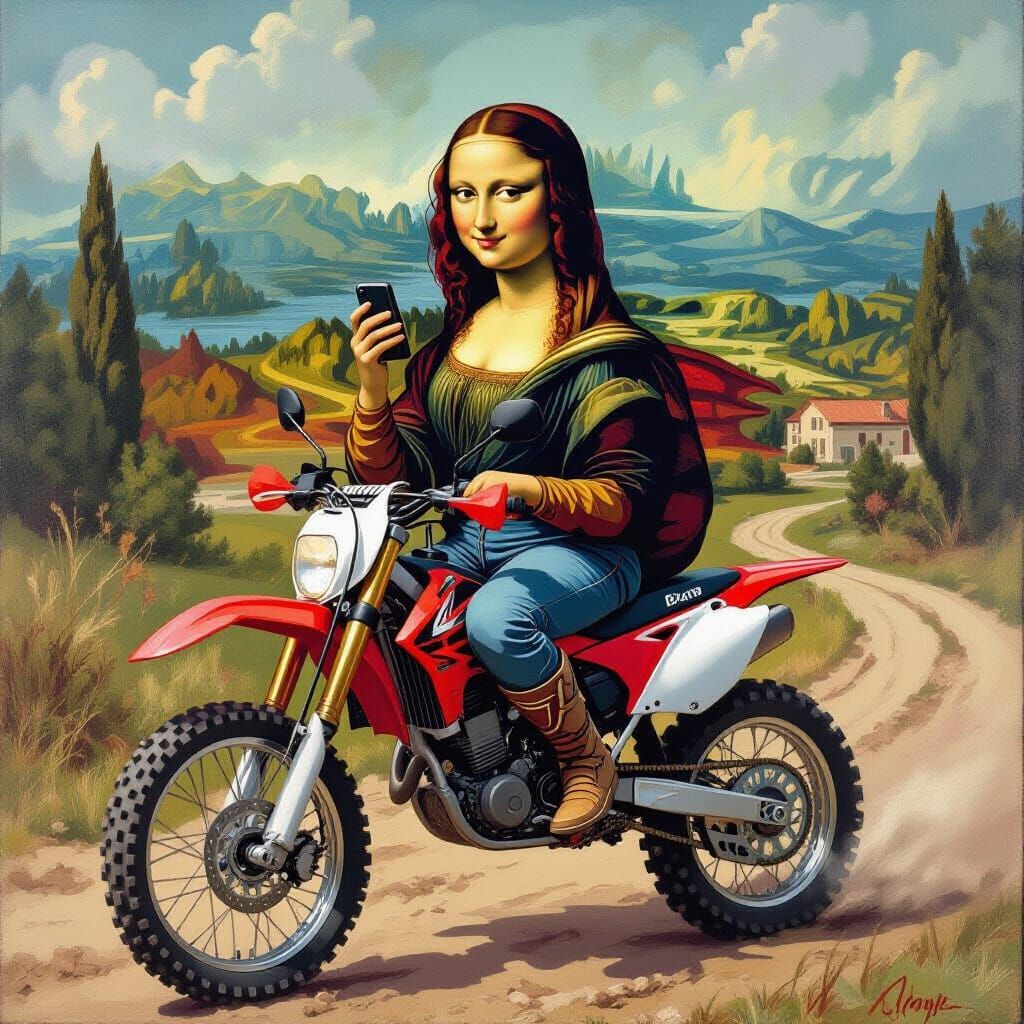 Mona Lisa on Dirt Bike as Oil Painting