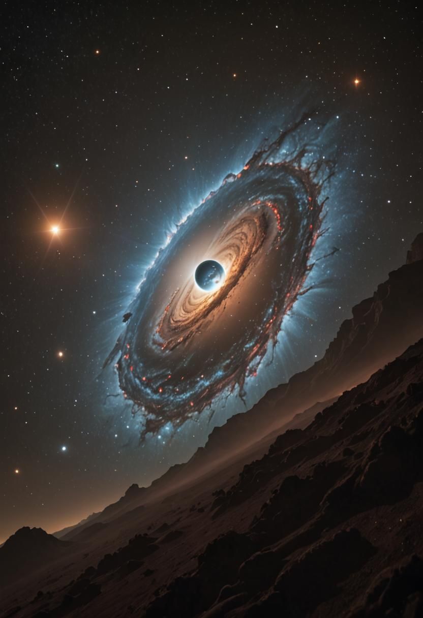 A fantastic A starry galaxy in the background, and an alien planet in the foreground. Photo 8k.