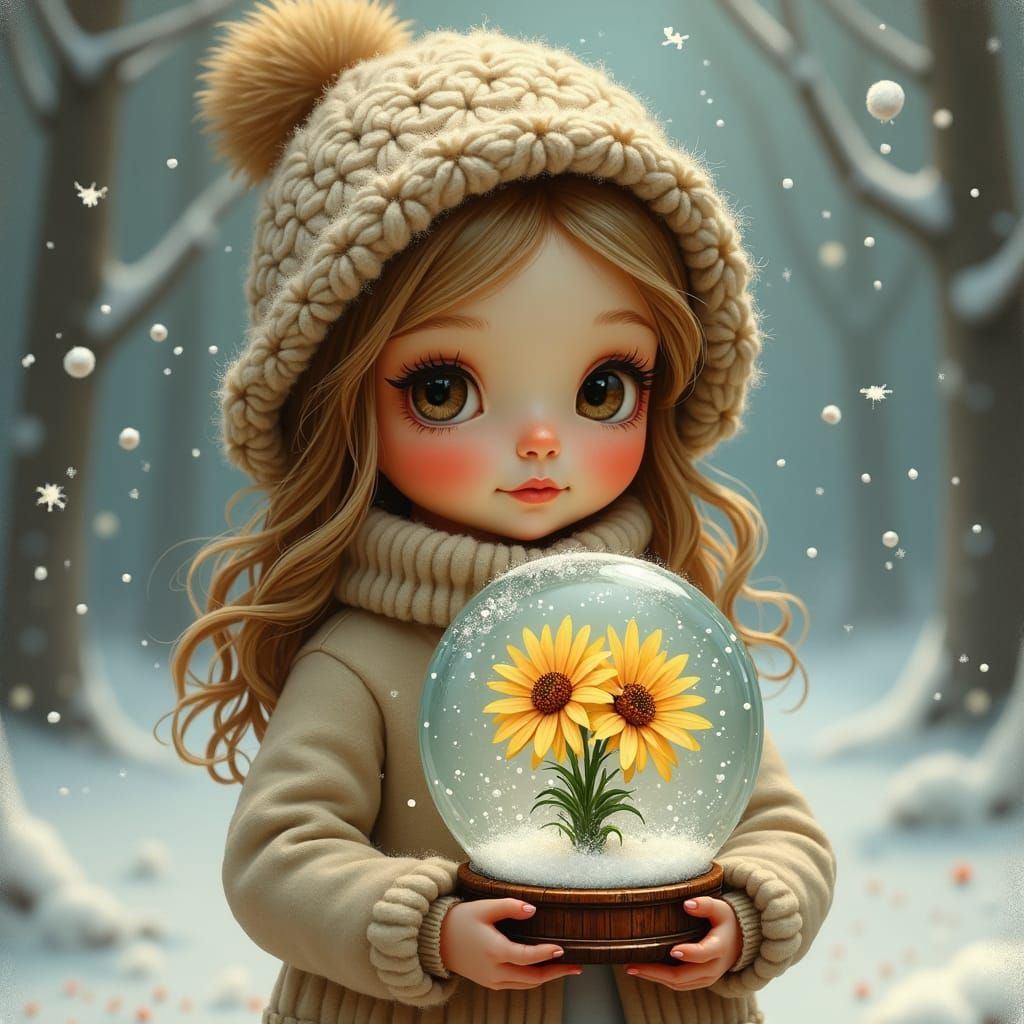 Girl with Daisy Snow Globe in Americana Style