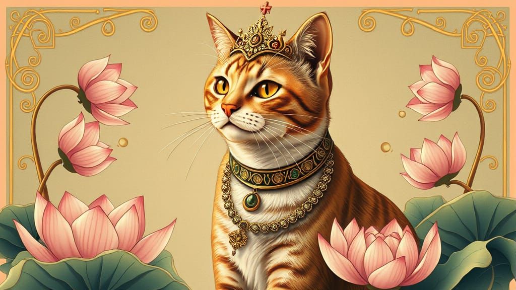 Elegant Art Nouveau Cat Queen in Pastel Hues