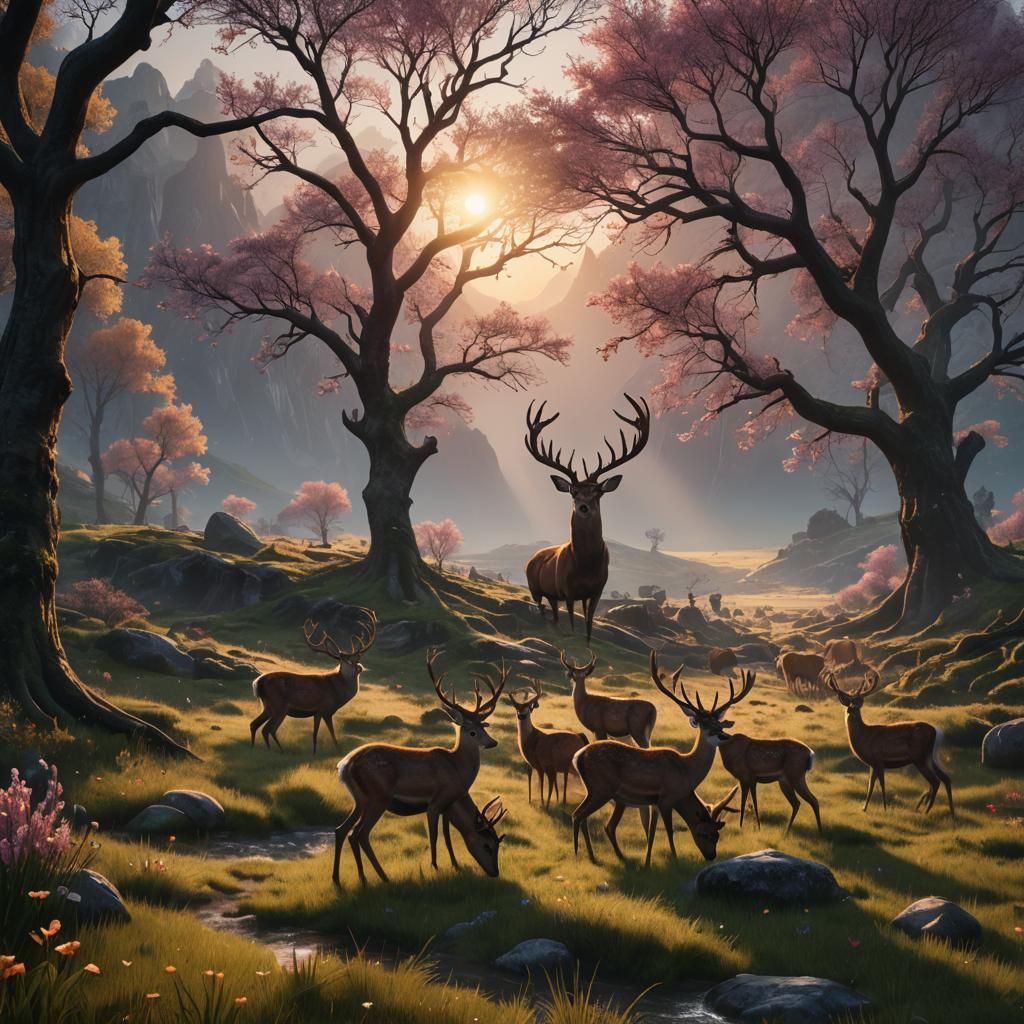 Sunrise in a Valley with Grazing Deer