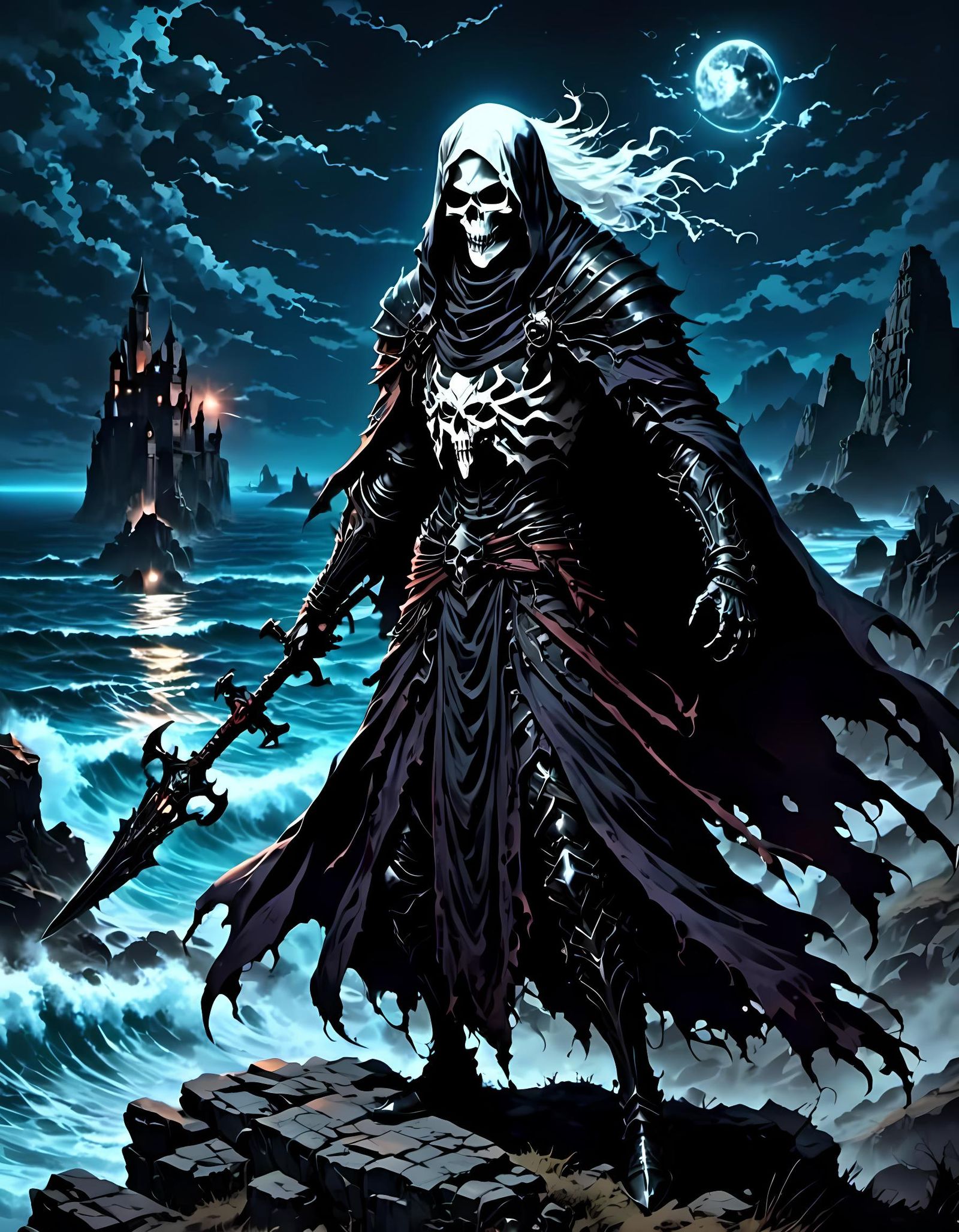 Anime Necromancer Amidst Fiery Seaside Catacomb