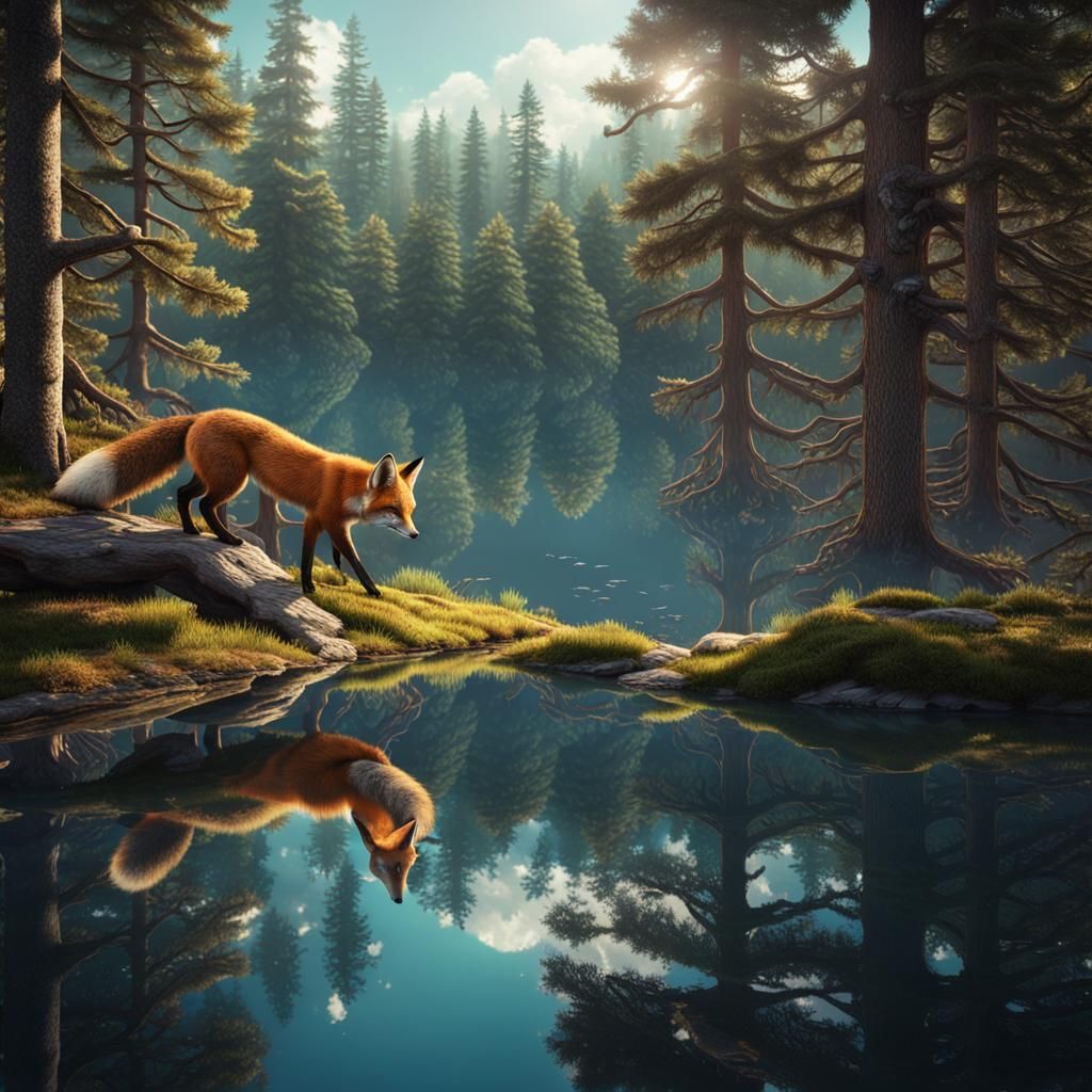Fox Reflection in Crystal Lake: Fantasy Concept Art