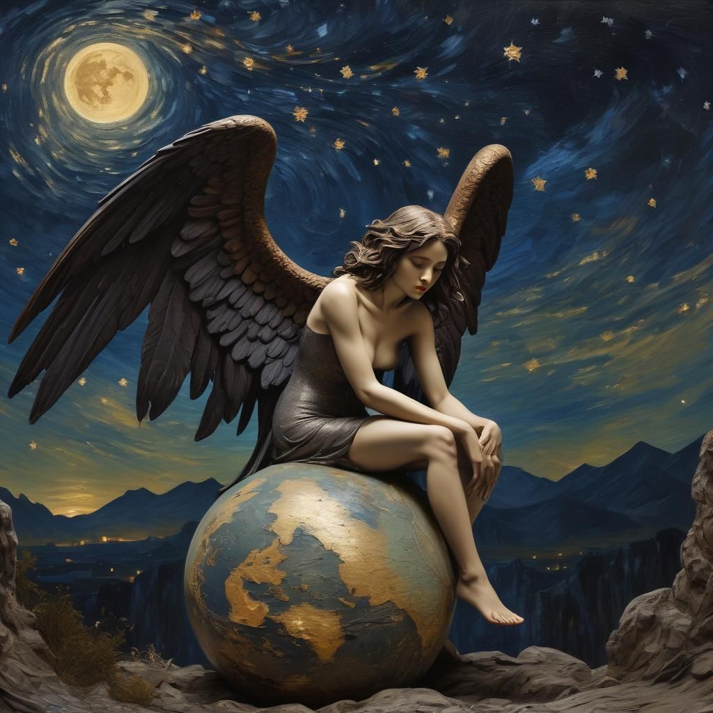 Starry Night with an exhausted Angel sitting on the earth gl...