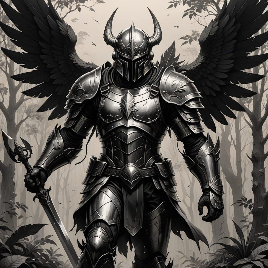 Archangel Defeating Demon in Black and Gray Sketch