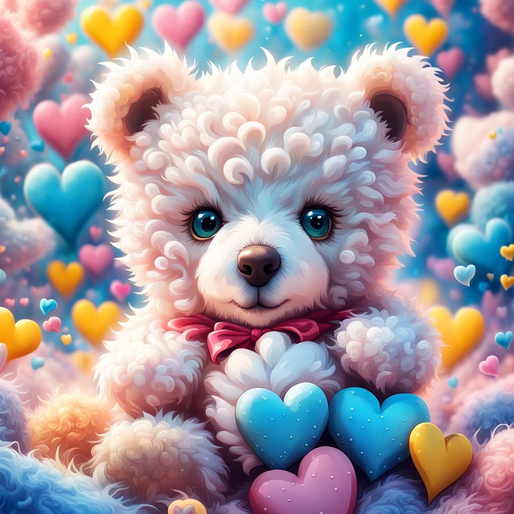 Whimsical Fantasy Teddy Bear in a Vibrant Heart Garden