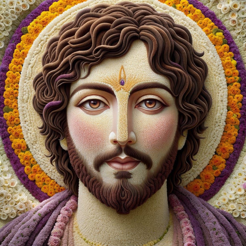 Jesus Christ Floral Mosaic Portrait with Golden Halo