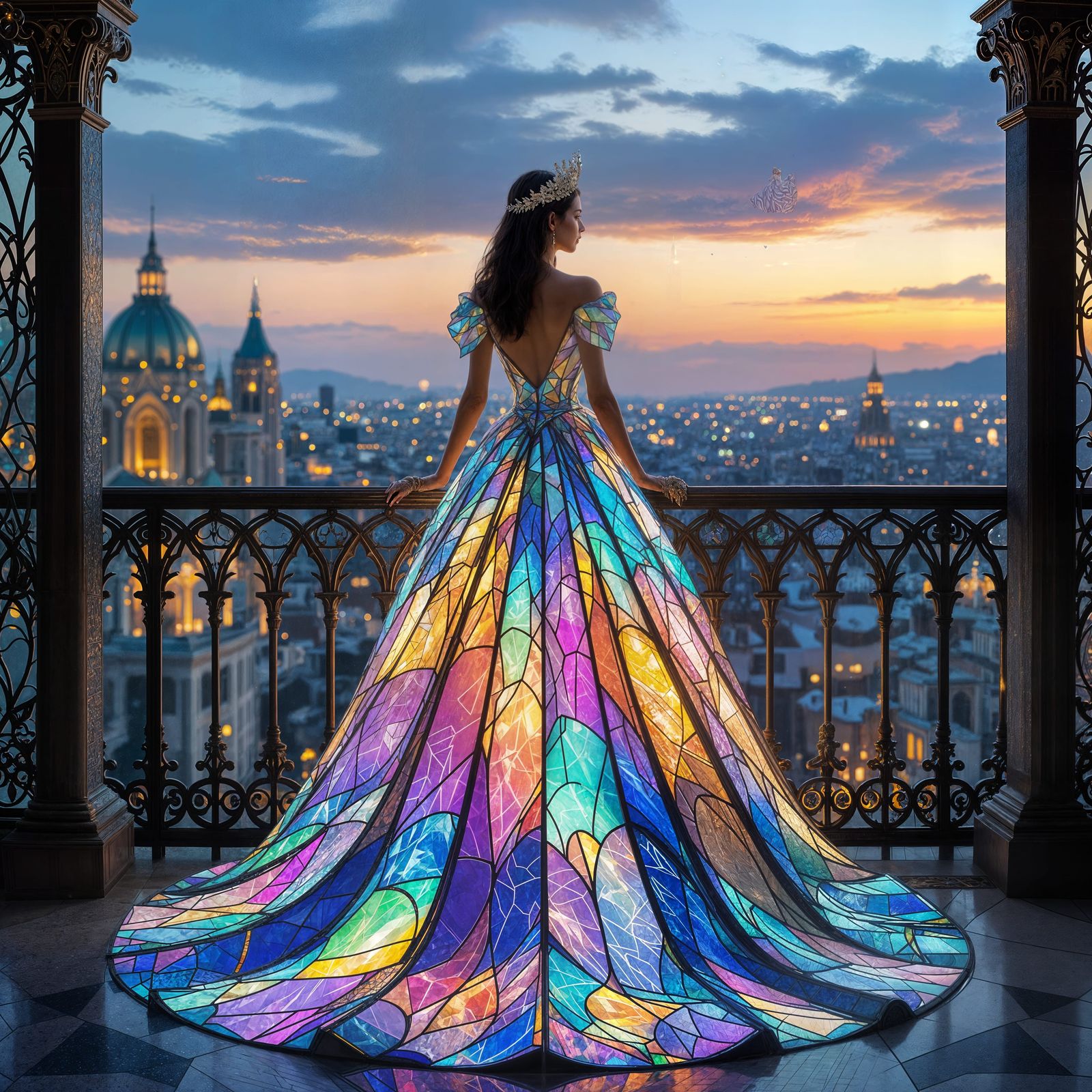 Regal Queen in Glass Gown Overlooking Art Nouveau City