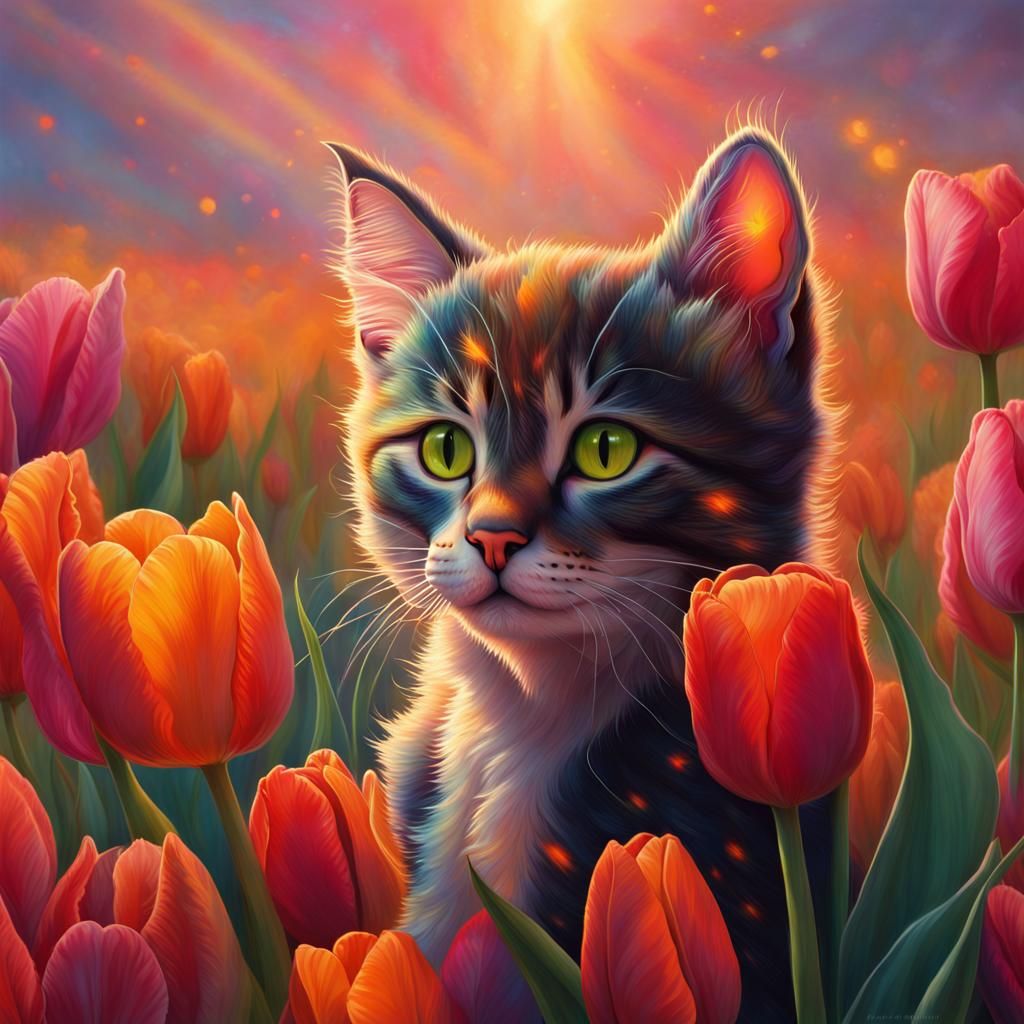 Rainbow Fire Tulips Dance for Kittens: Hyperrealistic Art