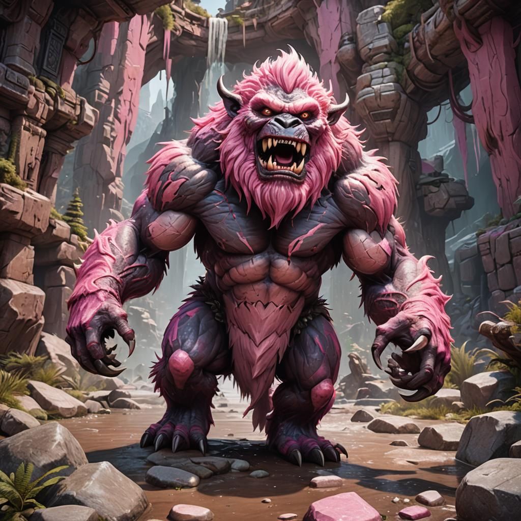 Fierce Pink Yeti with Strong Muscles and Big Teeth
