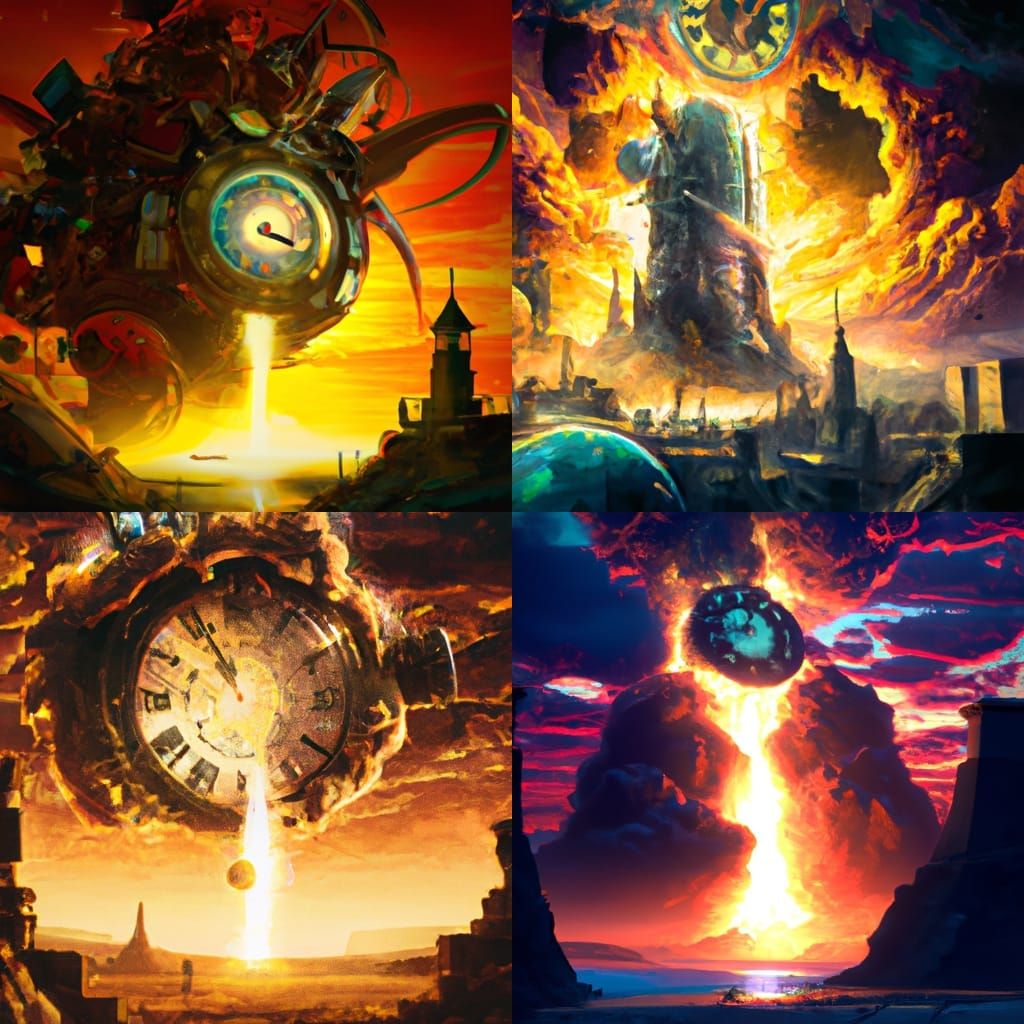 Apocalyptic Nuclear Explosion with Flying Clock, Digital Art