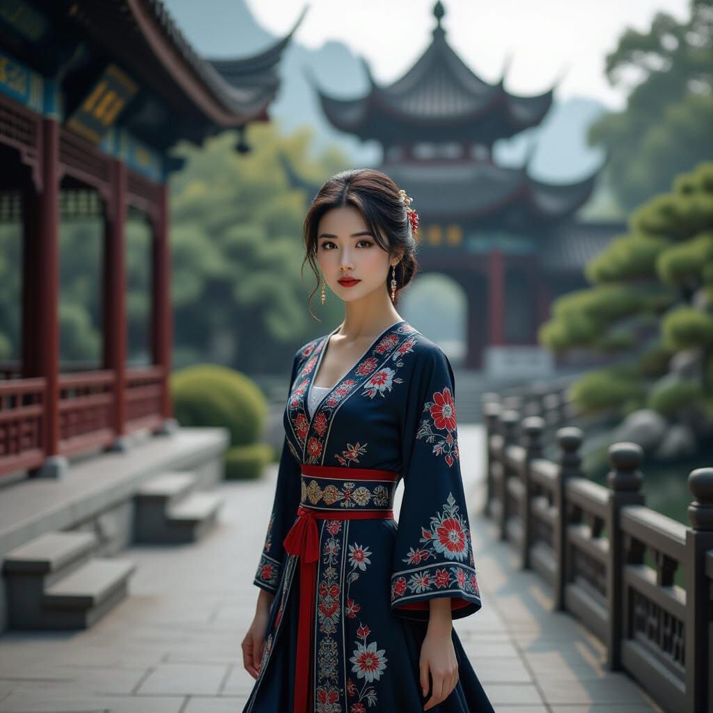 Elegant Woman Strolls Through Ancient Chinese Garden