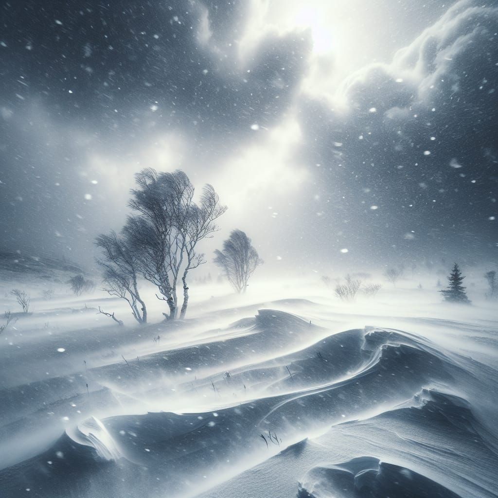 Winter Landscape Under a Turbulent Snowstorm