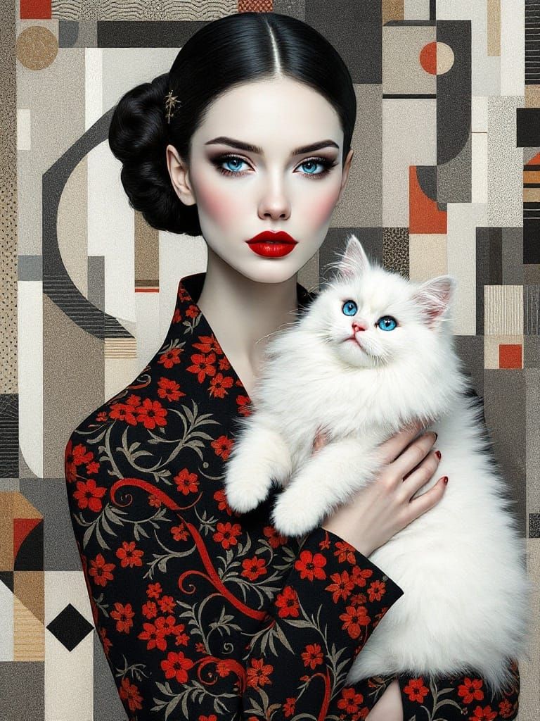 Elegant Woman Surrounded by Geometric Textile Patterns in a ...