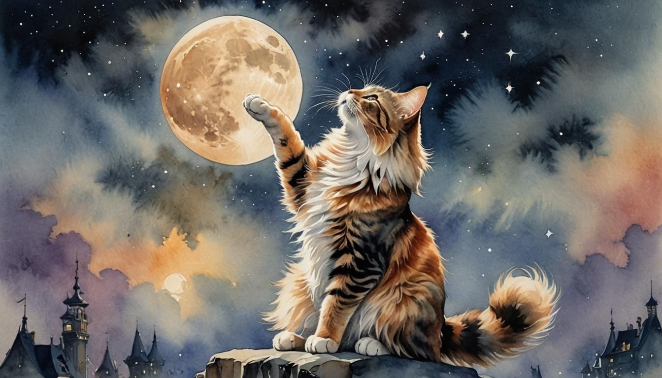 Cat Touches Moon: Romantic Watercolor Art Deco Style