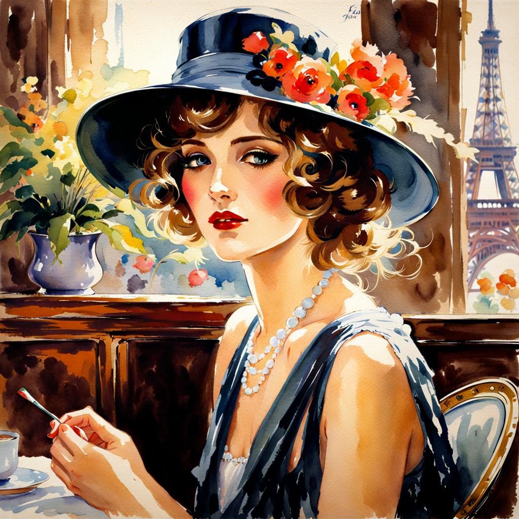 Elegant French Woman in Cafe: Watercolor Splash Art