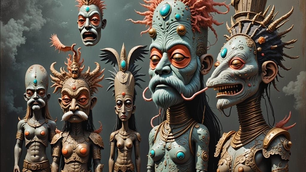 Surreal Tiki Figurines in Dreamlike Room