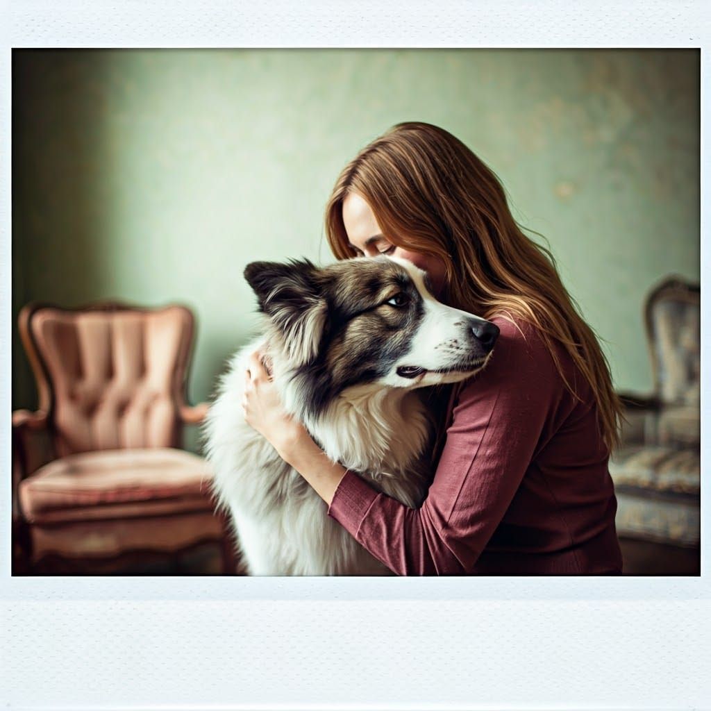 Vintage Polaroid of Woman Cuddling Dog