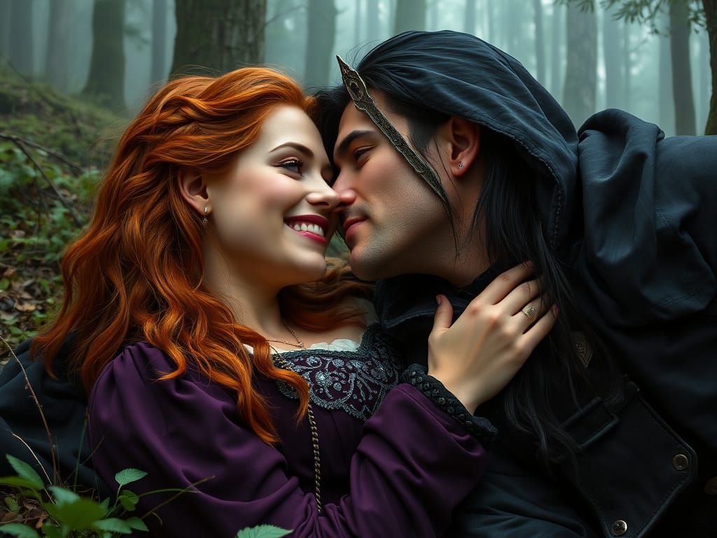 Ethereal Fantasy Woman Kissing a Dark Knight in a Mystical F...