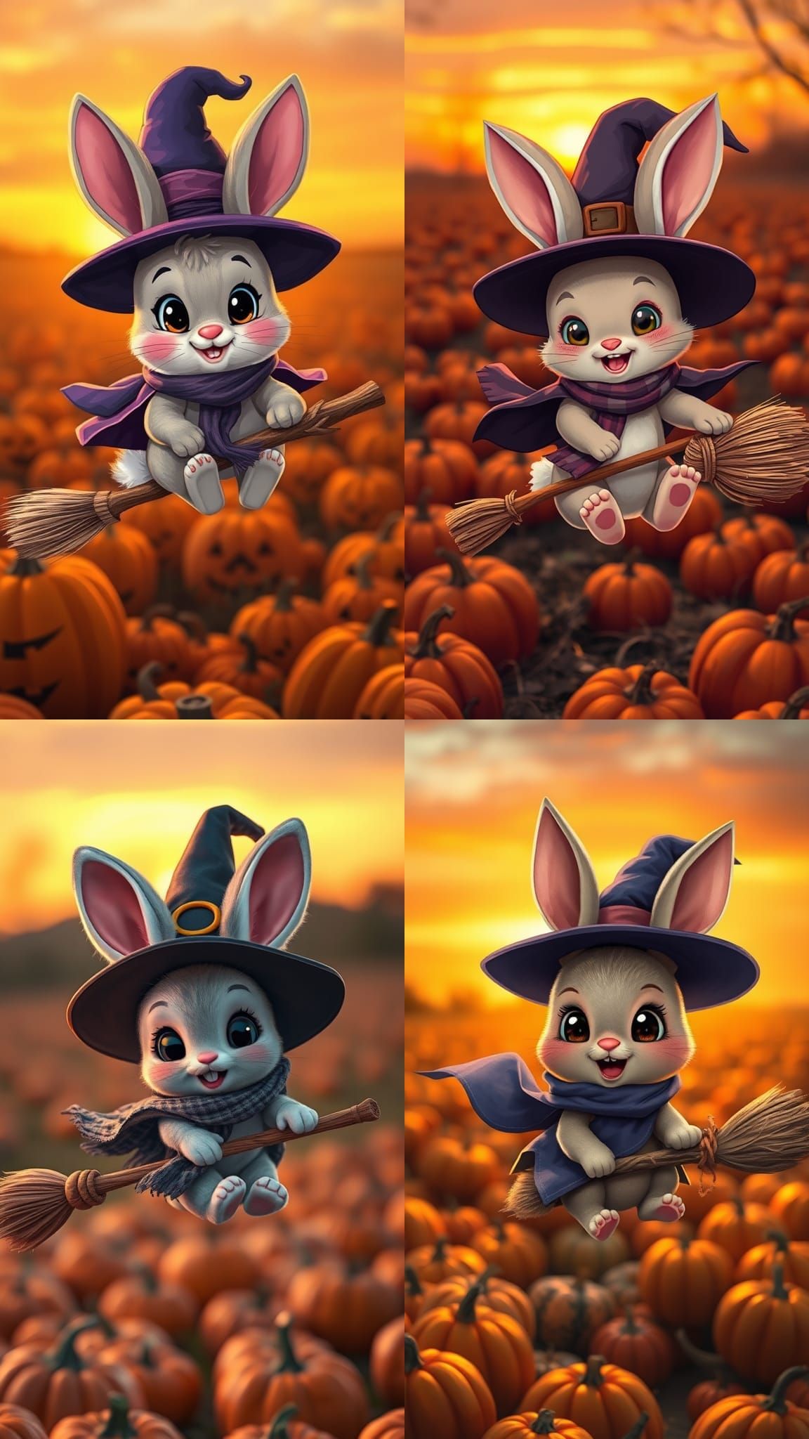 Cartoon Witch Bunny Flies Over Pumpkin Patch