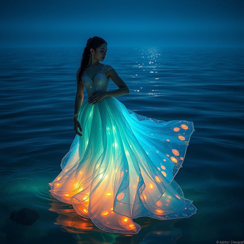 Couple Embraced by the Shimmering Sea in a Romantic Night Sc...