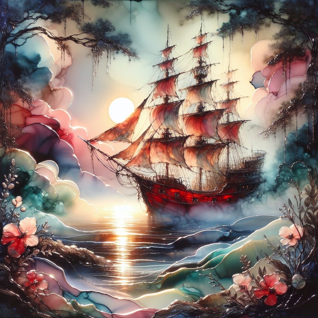 Dreamy Pirate Sailboat in Moonlit Clearing