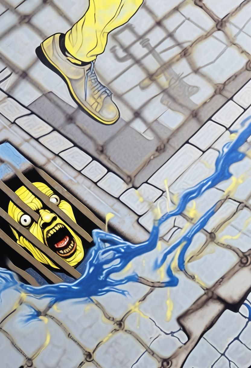 Surreal Horror Street Scene: Screaming Figure in Shadows