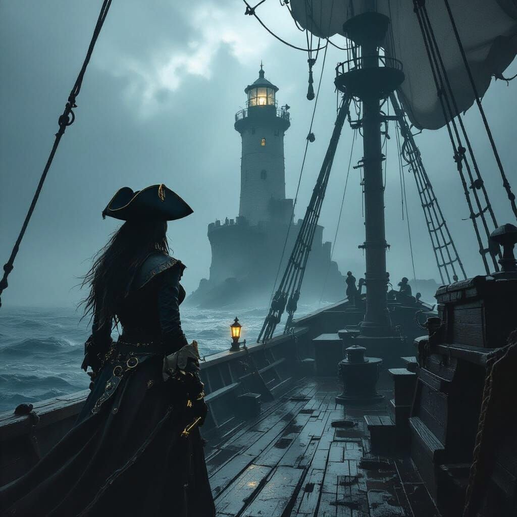 Pirate Woman on Galleon Near Gothic Lighthouse