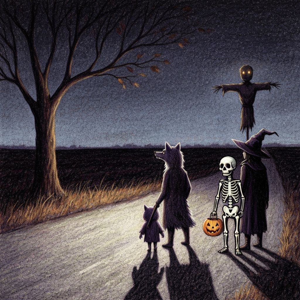 Halloween Trick-or-Treaters in Crayon Style