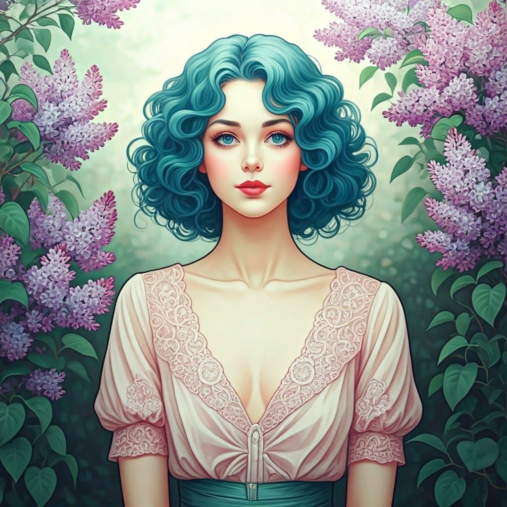Elegant Young Woman in Art Nouveau Style with Soft Lilac Hue...