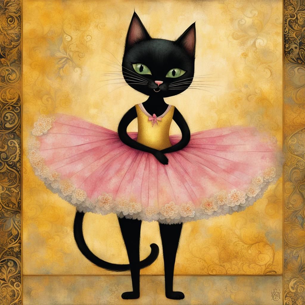 Smiling Black Cat Ballerina with Gold Background