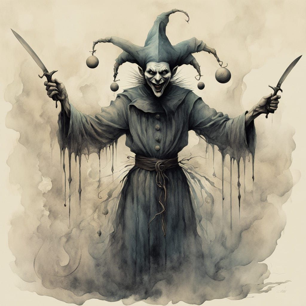 a Watercolour Line-art character illustration of a evil jest...