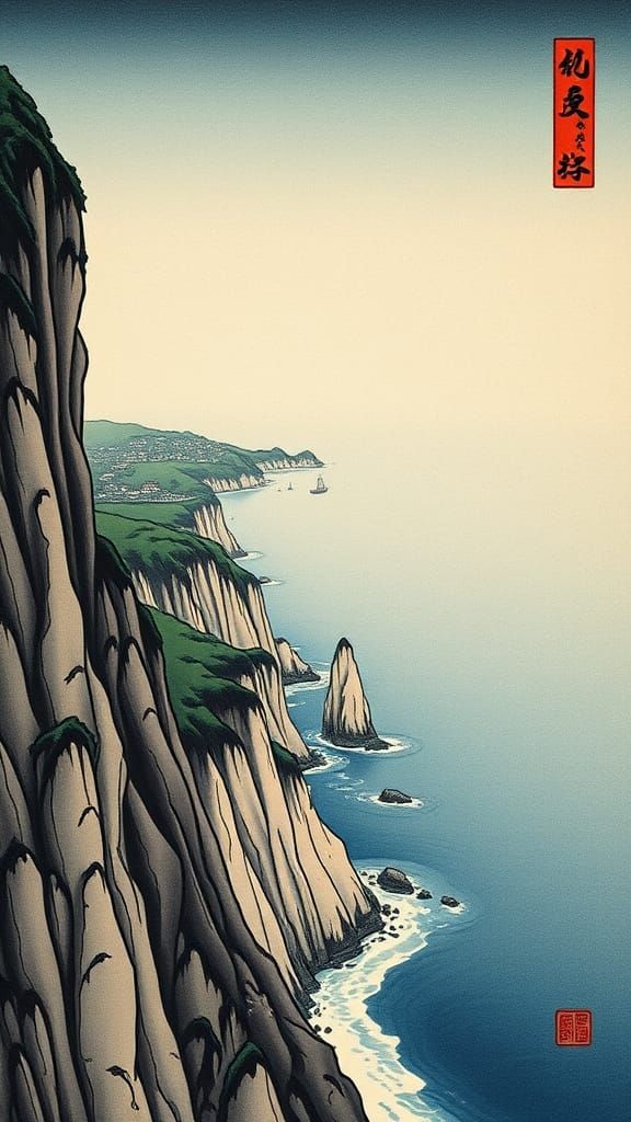 Surreal Woodblock Print of Scarborough Bluffs in Muted Earth...