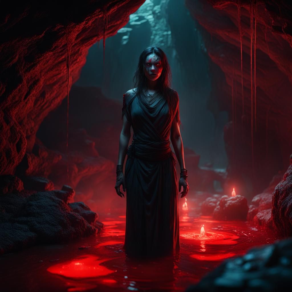 Eerie Woman with Red Eyes in Shadowy Cave