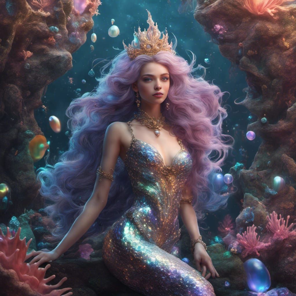 Holographic Pearl Mermaid in Detailed Digital Art