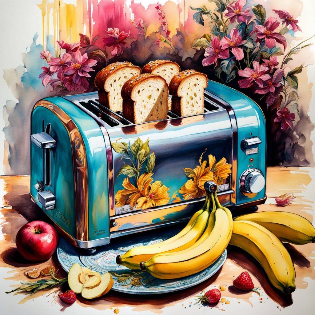 Pop Art Toaster and Bananas in Retro Style