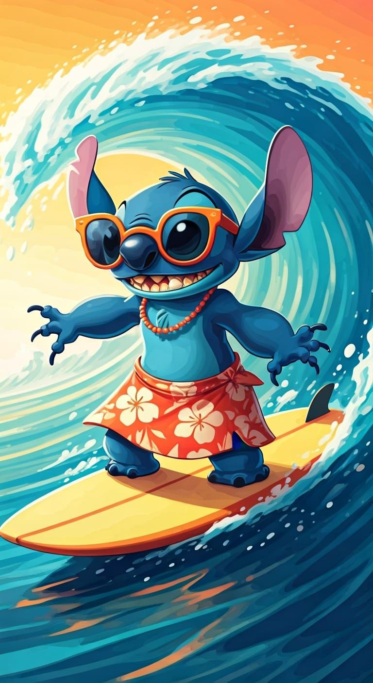 Stitch on a surfboard with sunglasses and a Hawaii skirt