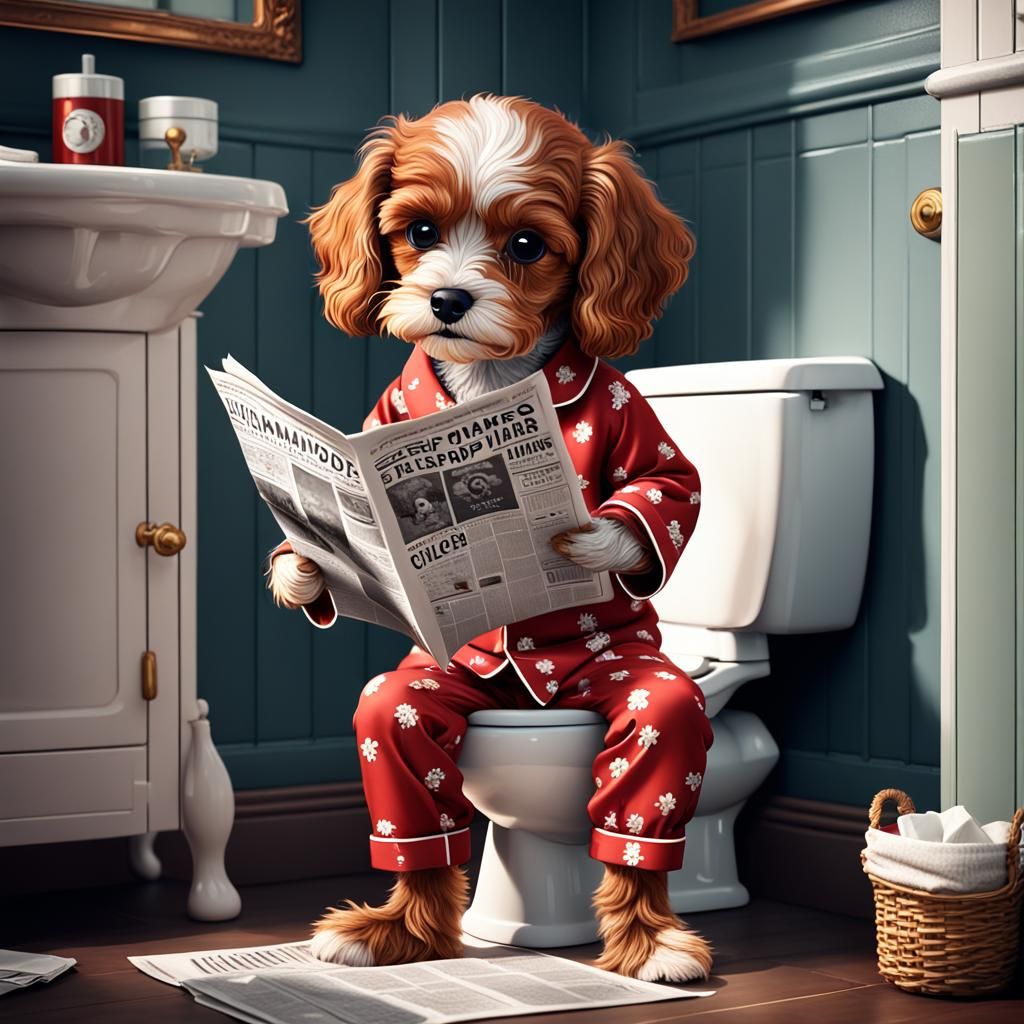 Red Cavapoo Reading Newspaper on Toilet: Matte Painting