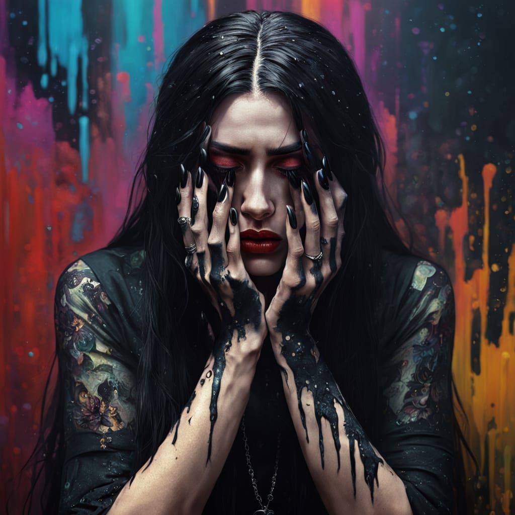 Emotional Goth Girl Portrait in Splash Art Style