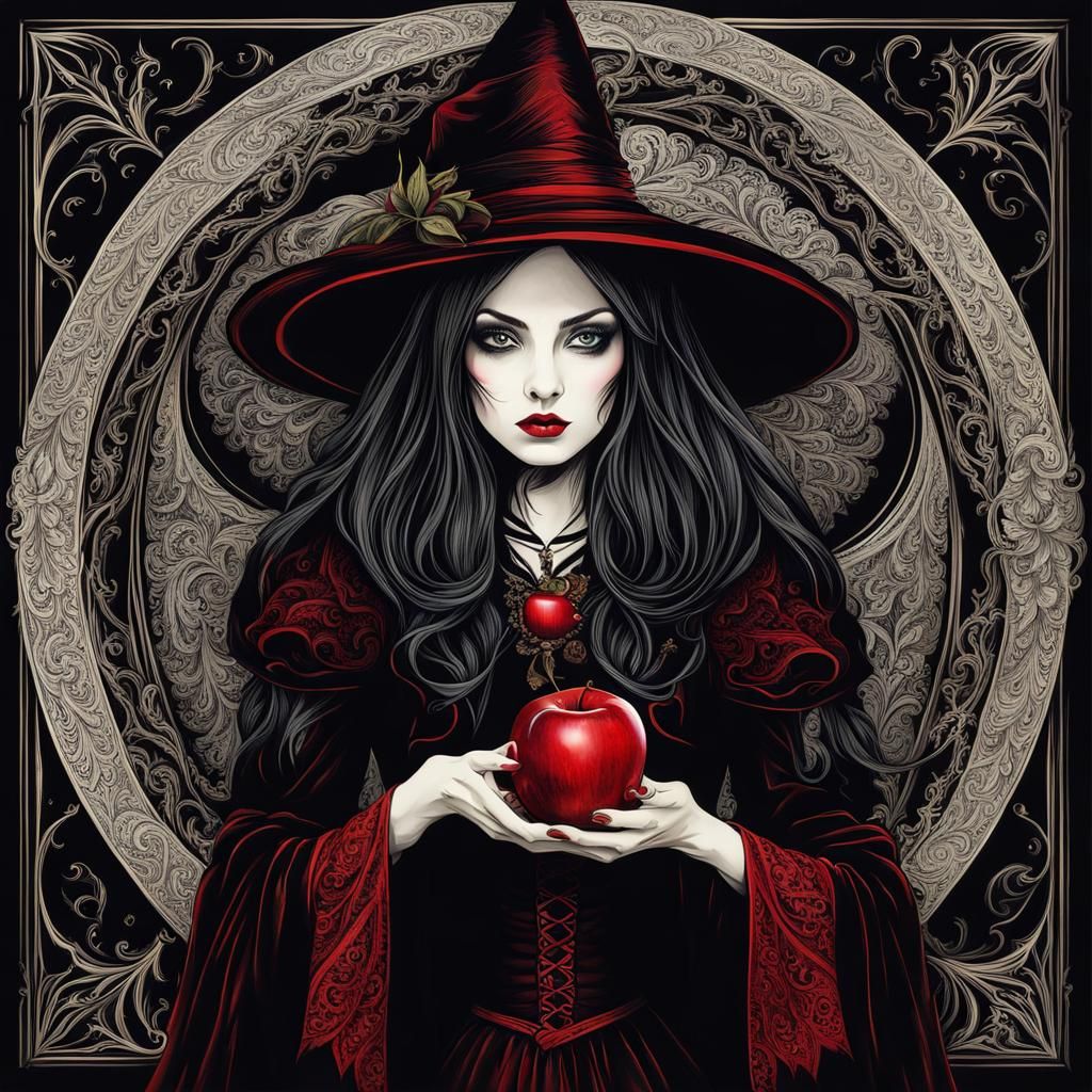 Gothic Witch Holding a Red Apple