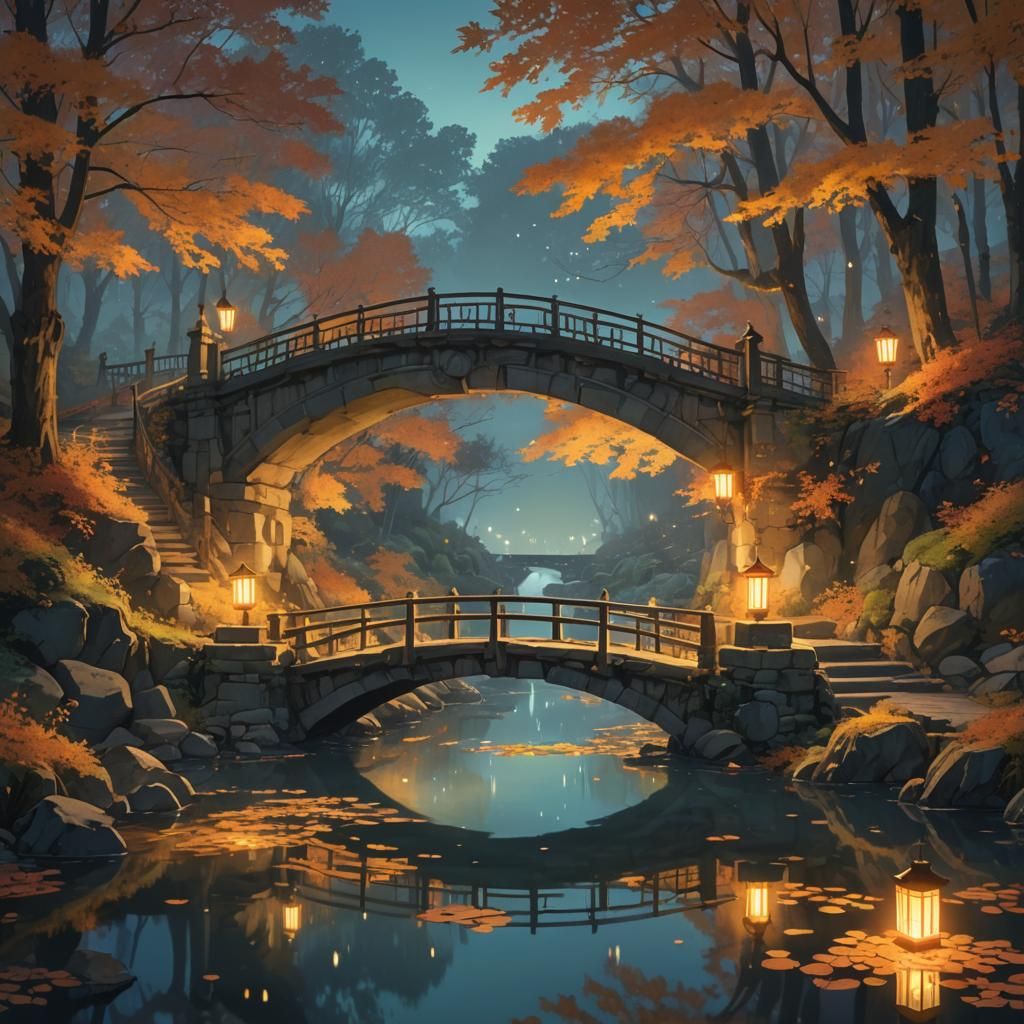 Tranquil Creek Reflecting Autumn Woods: Anime Concept Art