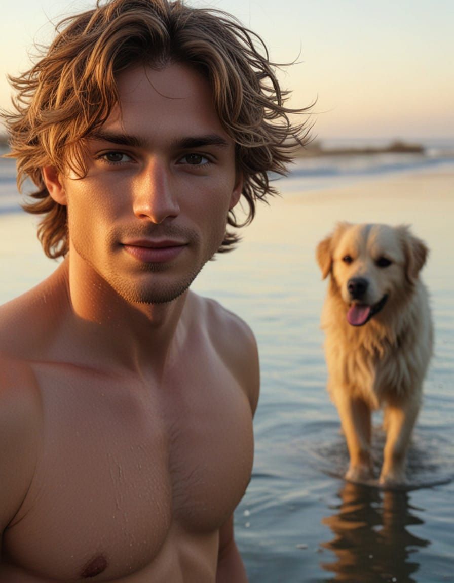 Young Man Throws Stick to Shaggy Dog on Sun-drenched Beach