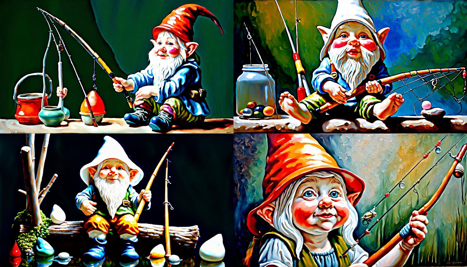 Hyperrealistic Porcelain Gnome Fishing, Acrylic on Canvas