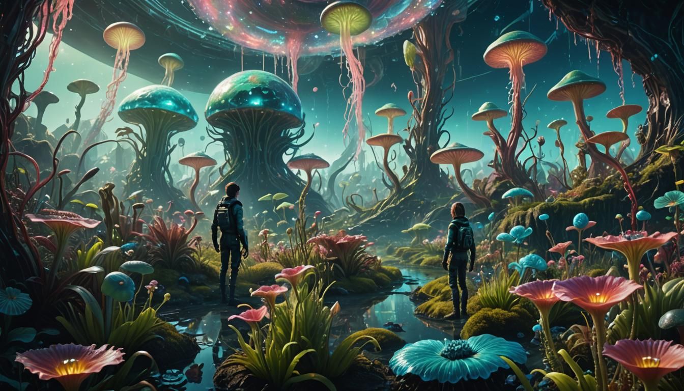 Alien Planet Exploration with Bioluminescent Flora