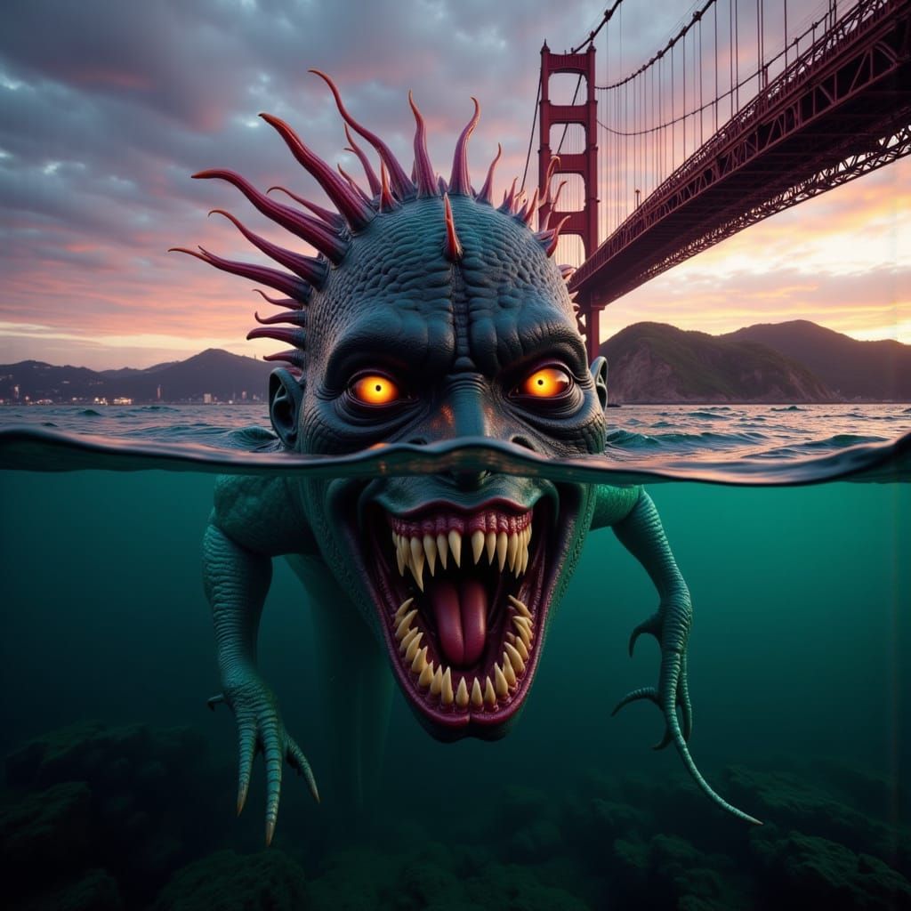 Alien Mermaid Swims Under Bay Bridge at Sunrise
