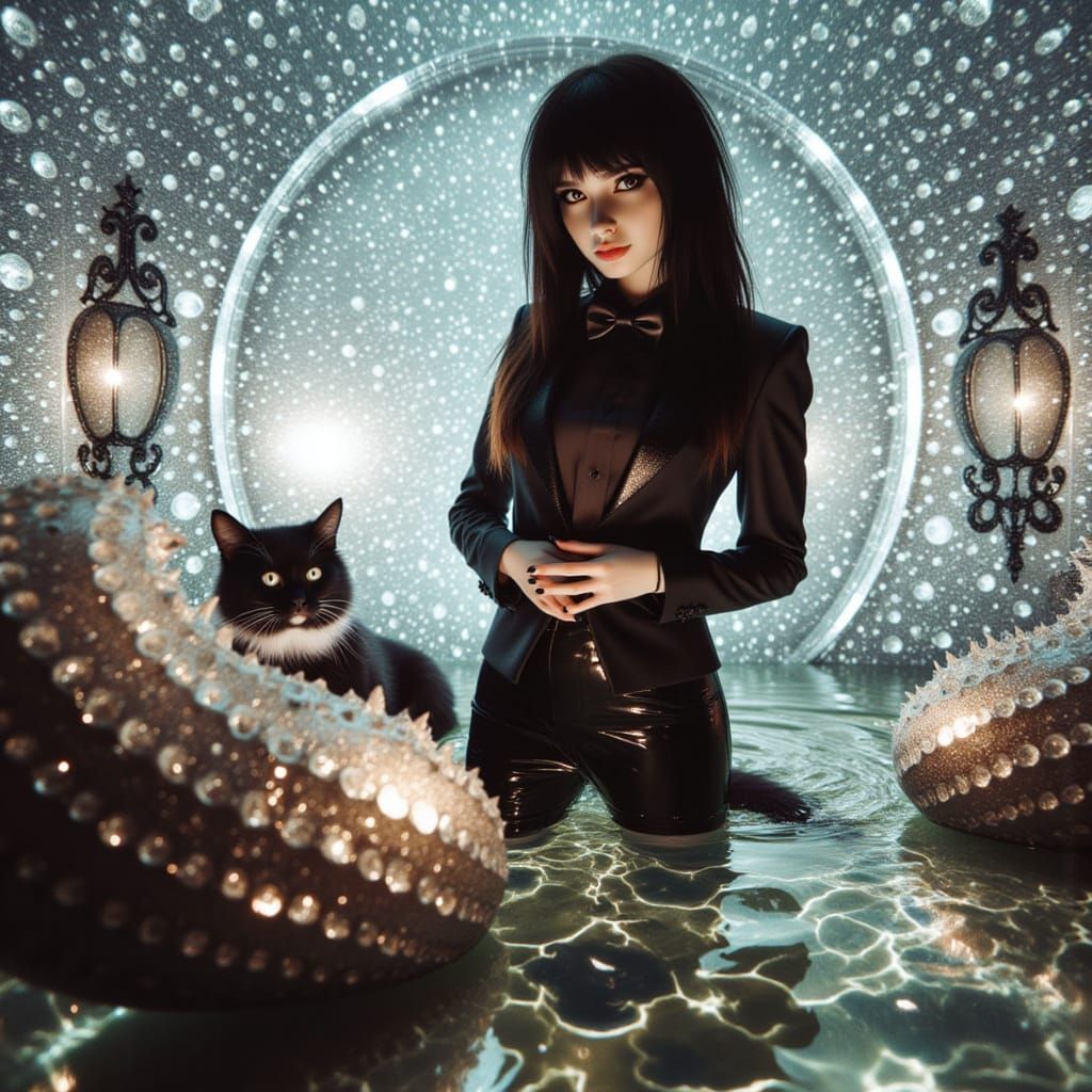 Emo Girl with Fluffy Cat in Crystal Water