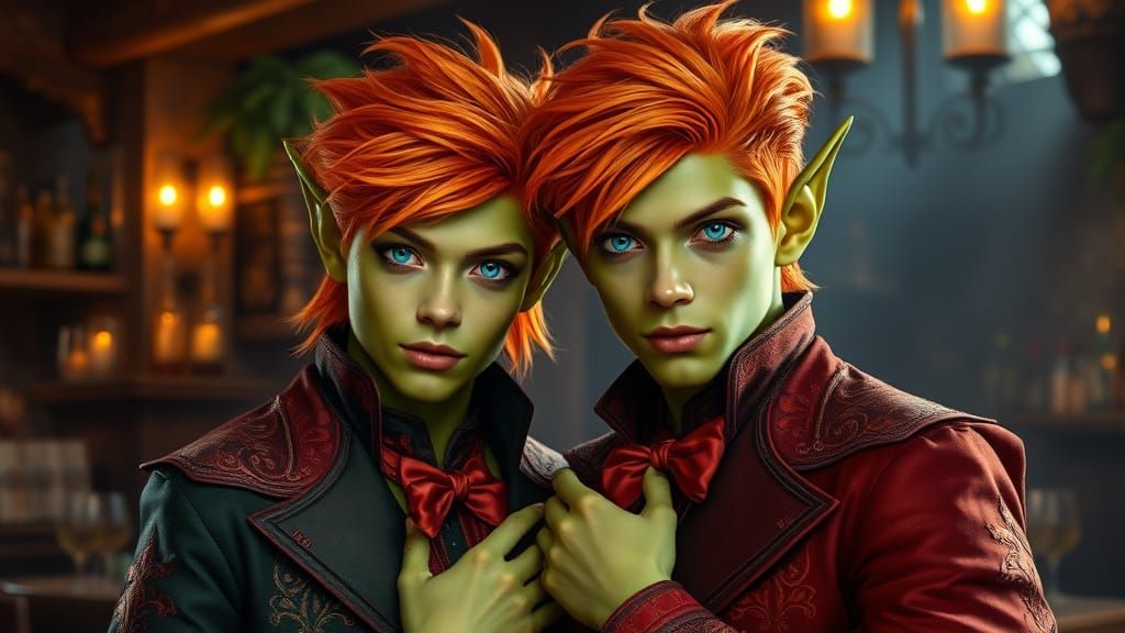 Exotic Green Elf Twins in Victorian Attire