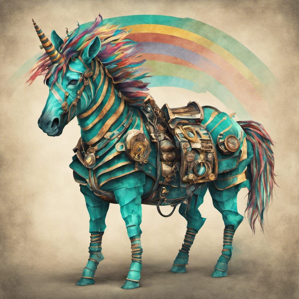 Steampunk Zebra with Rainbow Mane in Torn Paper Art