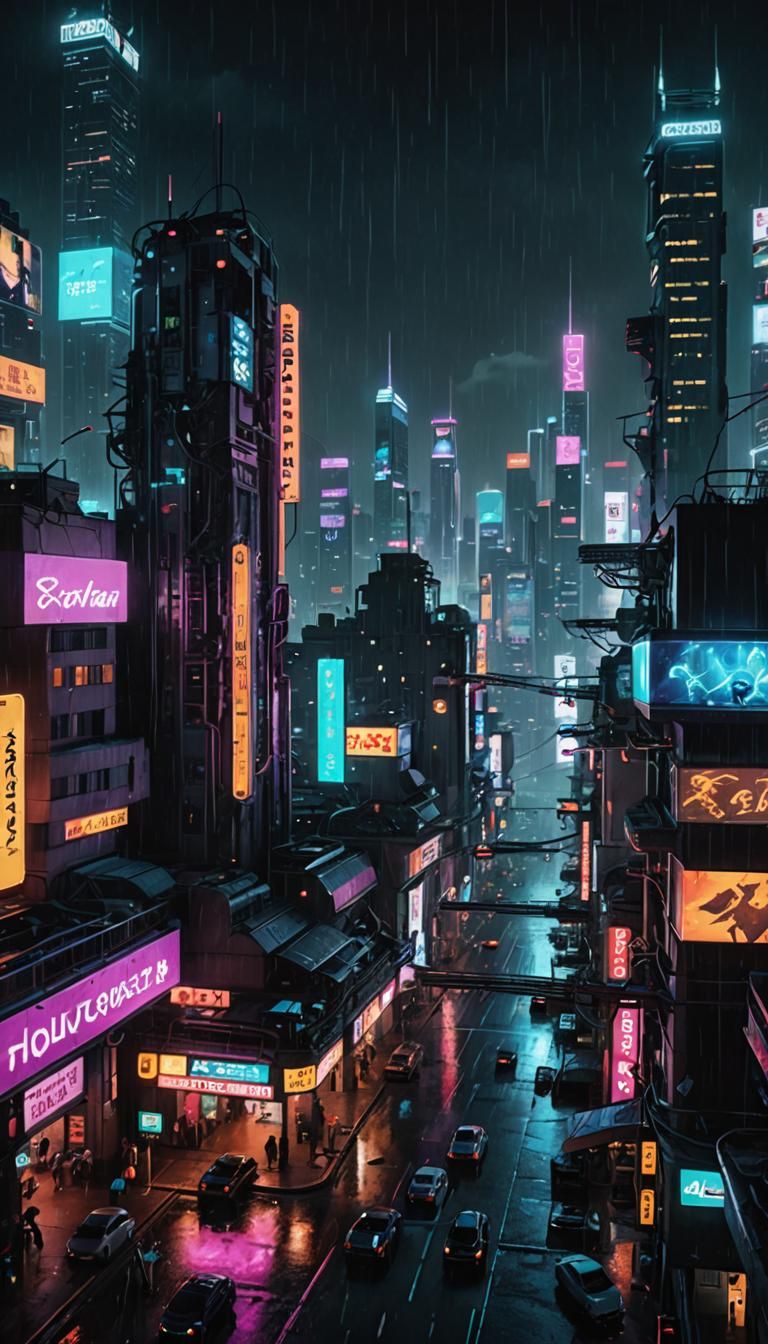 Futuristic Dystopian Cityscape at Night in Cyberpunk Style