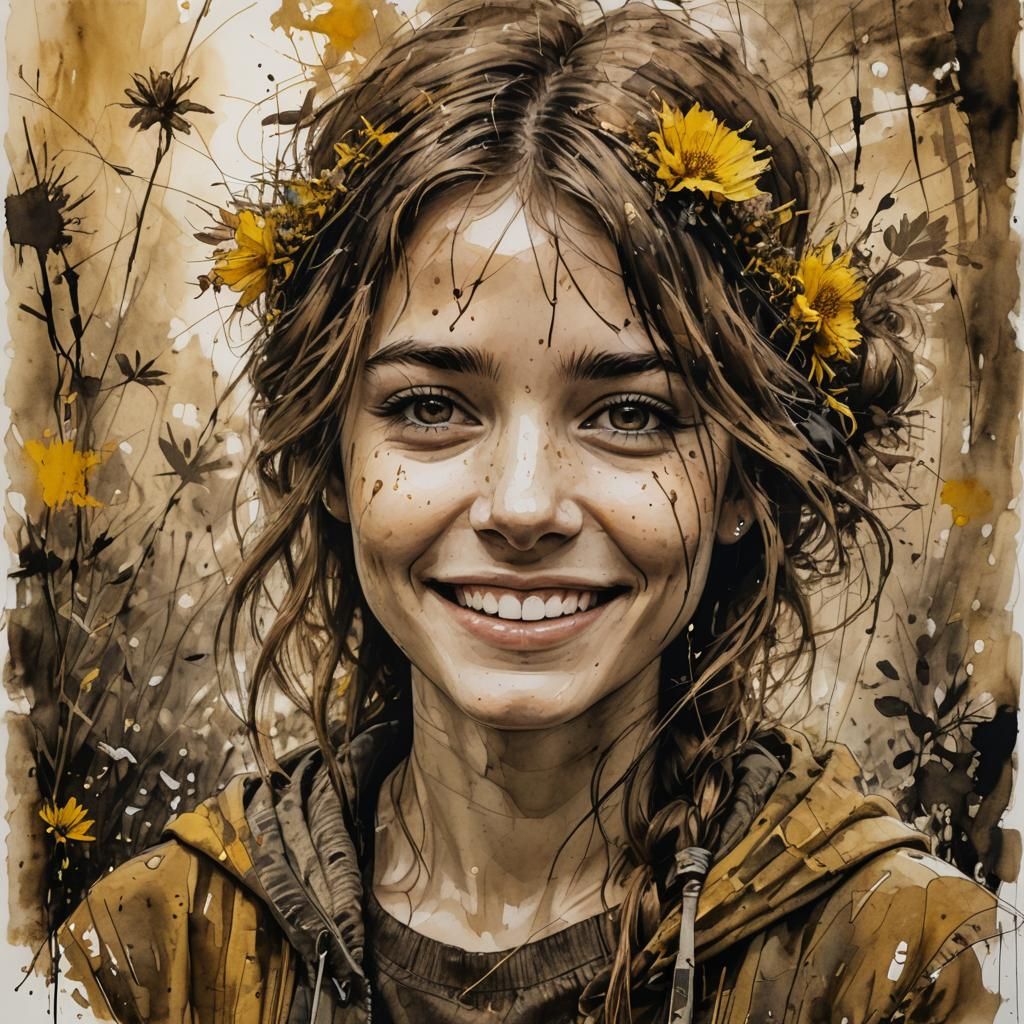 Sepia Portrait of Smiling Woman in Cubist Style